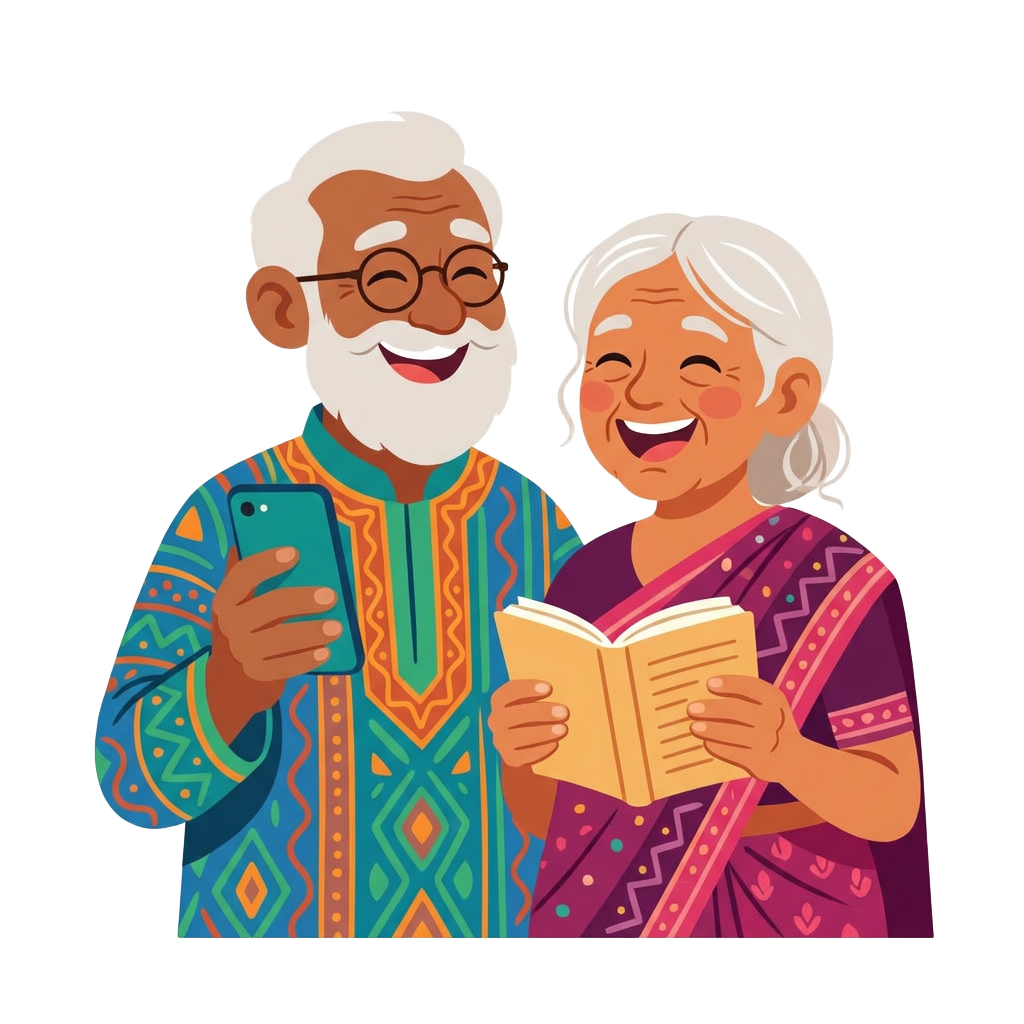 A happy grandfather and grandmother — he holds a smartphone that reads aloud while she holds an open book